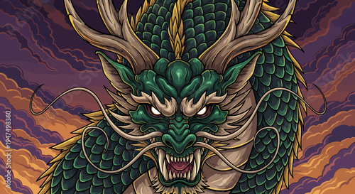 A green dragon with sharp teeth and claws.