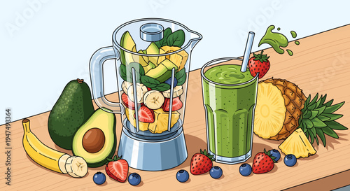 Fresh fruit and blender on wooden table.