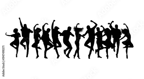 Group of silhouetted figures dancing joyfully in unison