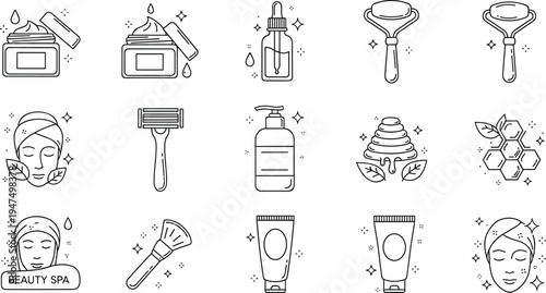 Beauty spa and facial care line icon set with face roller serum cosmetic tube skincare treatment illustration