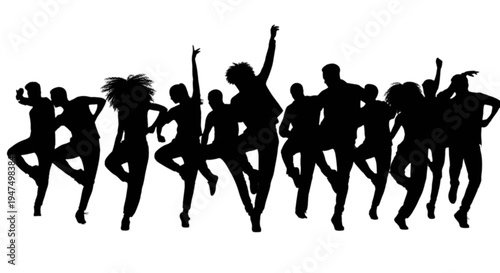 Group of silhouetted people dancing joyfully in unison