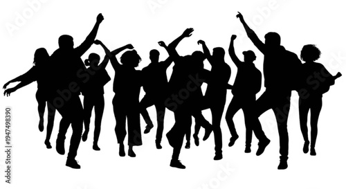 Silhouette of a group of people celebrating with arms raised in excitement