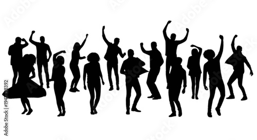 Group of people joyfully dancing with arms raised in celebration