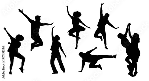 Dynamic silhouettes of people performing various acrobatic and dance moves