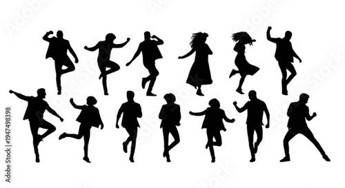 Diverse group of silhouetted figures dancing in various dynamic poses