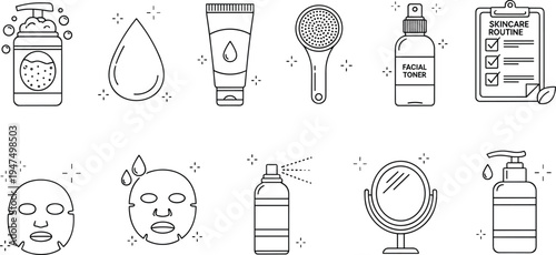 Skincare routine and facial care line icon set with face wash toner mask cosmetic product beauty illustration