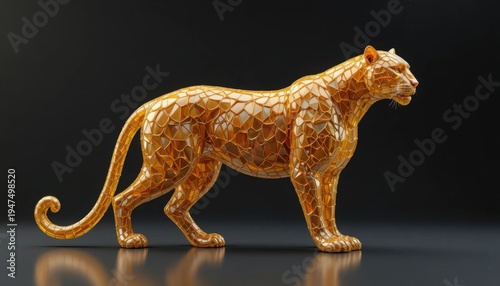 A magnificent low-polygon leopard or panther sculpture, created with a shimmering golden metallic texture, stands powerfully in profile against a deep, dark studio background.