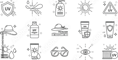 UV protection and sunscreen line icon set with SPF lotion sunglasses hat sun care skin protection illustration