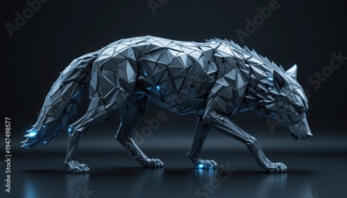 A sleek, futuristic metallic wolf sculpture, crafted from numerous angular facets, stands gracefully on a dark surface with subtle blue glowing accents, embodying strength and modern artistry.