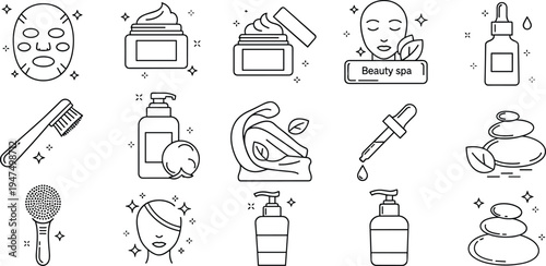Beauty spa and skin care line icon set with face mask serum cosmetic product massage stone skincare illustration