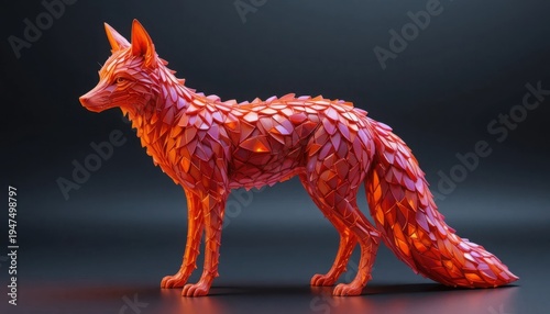 A captivating low-polygon fox sculpture, intricately designed with a vibrant red and orange metallic, scale-like texture, stands alert against a dark, reflective background.