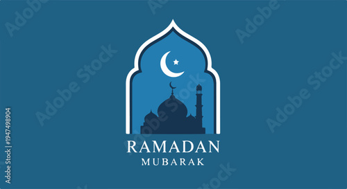 A blue background with a white arch frame enclosing a mosque silhouette, crescent moon, and "Ramadan Mubarak" text.