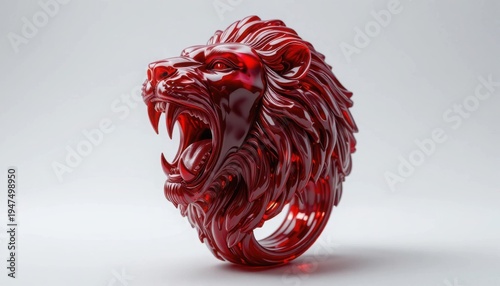 A stunning, translucent red lion head ring with an aggressively roaring open mouth stands prominently against a clean white background, highlighting its captivating glow and intricate details.
