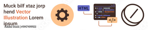 Web development, coding, software design, programming tools, HTML validation, conceptual design. Gear icon, coding window and checkmark coding processes. Web development and coding concepts