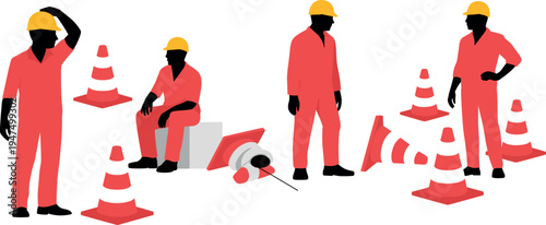 Road construction worker silhouettes wearing safety helmets with traffic cones illustrating maintenance teamwork industrial labor street repair engineering safety concept isolated flat vector 