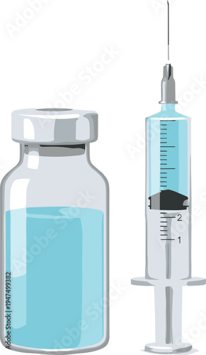 Medical illustration of a glass vaccine vial with blue liquid and a plastic syringe with needle isolated on white background for healthcare concepts.