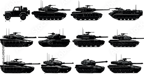 Tank and armored vehicle silhouette collection featuring various military combat machines in side view isolated on white background for defense, warfare and security concept