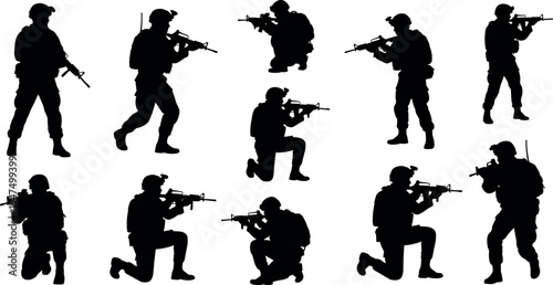 Soldier silhouette collection showing armed military personnel in various tactical combat poses isolated on white background for army training, defense operation and security concept