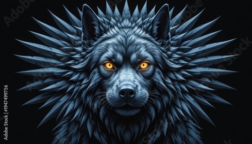 A highly stylized blue wolf head with sharp, spiky fur details and piercing orange eyes stares intensely forward, emerging from a dark, mysterious background.