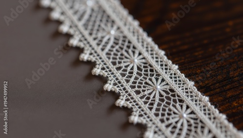 Intricate White Lace Trim on Dark Wood