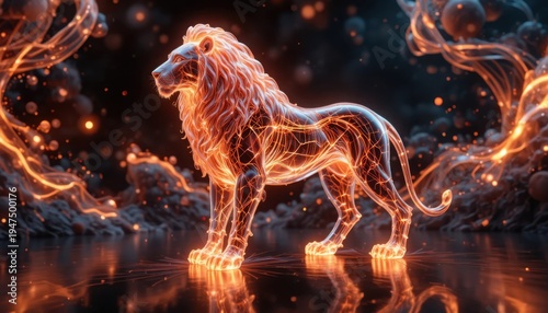 A majestic, transparent lion figure, intricately detailed with glowing orange and blue internal electrical lines, stands proudly amidst a fantastical dark background adorned with luminous particles.