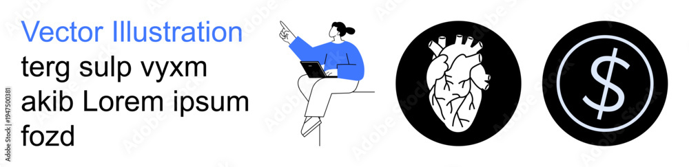 Obraz premium Business communication, healthcare, financial services, technology, education, design elements. Person pointing while holding a laptop, anatomical heart icon and dollar symbol. Business