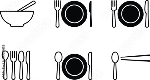 Set of 6 black flatware icons vector