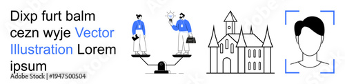 Business comparisons, identity verification, justice, facial recognition, creative solutions, historic preservation. Scales with people, a historic building and a framed face profile. Business