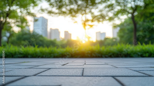 Urban park pathway sunrise soft focus buildings greenery
