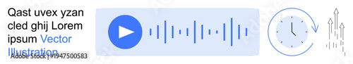 Audio technology, time tracking, data analysis, productivity tools, sound editing, multimedia. Blue play button with waveforms, clock and ascending arrows. Audio technology and time tracking theme