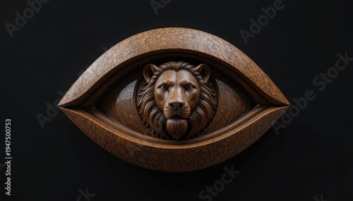 A majestic lion's head, meticulously carved from dark, textured wood, is dramatically centered within an intricately designed wooden eye-shaped frame, positioned against a stark black background.