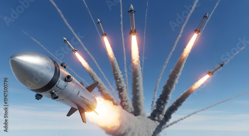Multiple modern ballistic missiles launching into the blue sky with smoke trails
