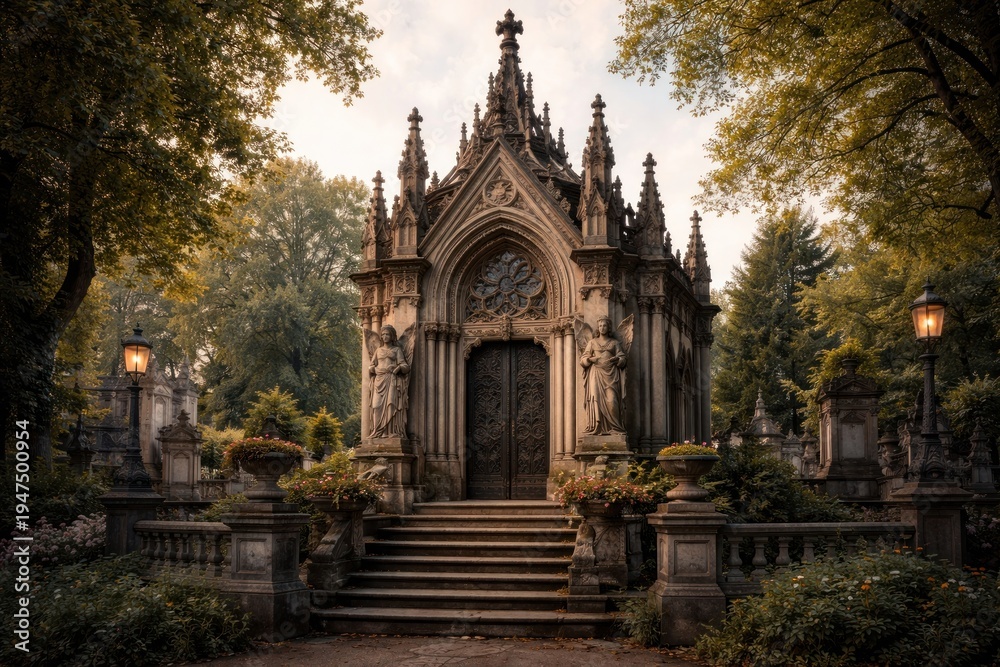 Obraz premium Gothic mausoleum amidst serene forest.
