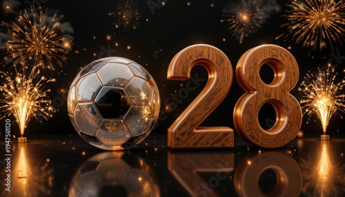 A vibrant metallic soccer ball is prominently featured alongside the bold wooden numbers 