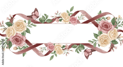 Elegant Floral Frame: A beautifully crafted frame adorned with delicate roses and graceful ribbons, creating a serene and inviting visual. 