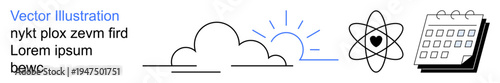 Science education, planning tools, weather updates, atomic research, personal organization, physics. Minimalistic linear designs of a cloud, sunrise atom and calendar. Science education