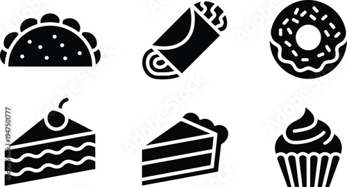 Set of 6 dessert icons vector, black and white
