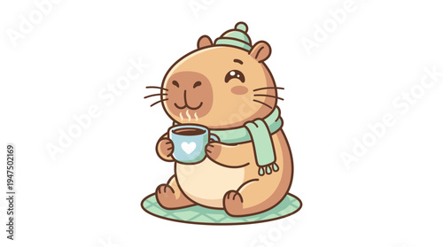 Adorable cartoon capybara in a cozy winter hat and scarf, happily sipping a warm beverage, embodying comfort and relaxation