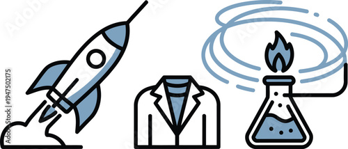 Set of 3 science icons vector, lab coat, rocket, beaker