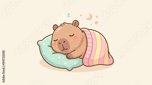 Charming and peaceful cartoon capybara illustration, depicting the adorable animal soundly sleeping on a soft pillow under a cozy blanket, a delightful dream scene