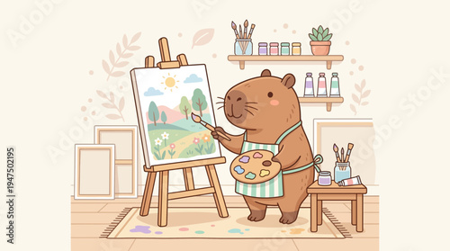 Adorable capybara artist painting a landscape on an easel in a cozy studio with art supplies