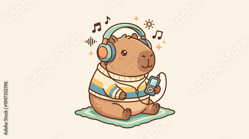 Adorable capybara relaxing with headphones and a portable music player, enjoying a serene moment of musical bliss in a cozy setting