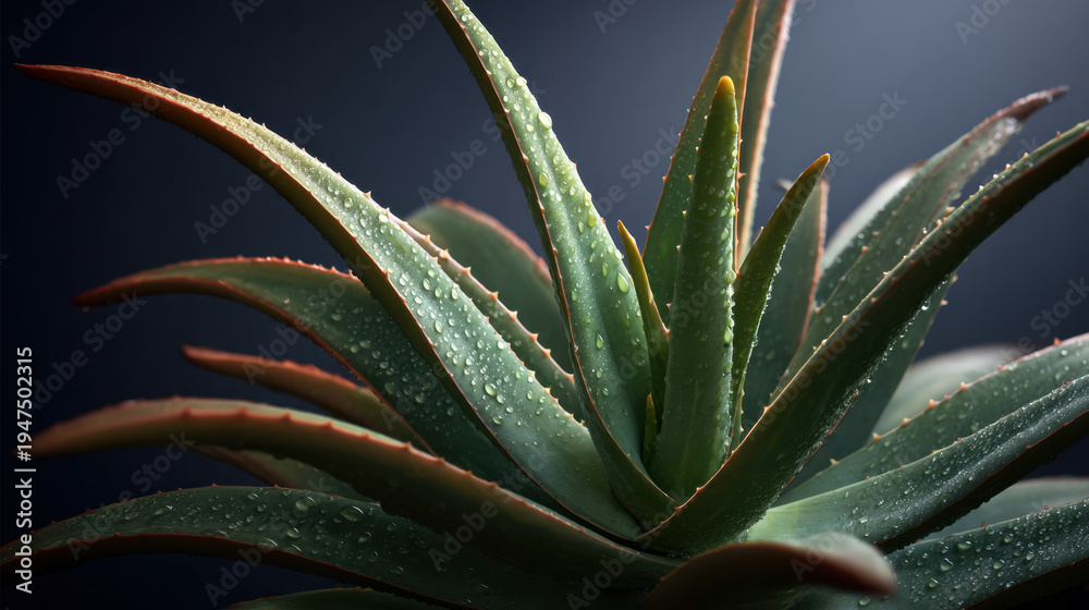 Fototapeta premium Aloe vera plant closeup with water droplets on thick succulent leaves showcasing texture, radial symmetry, serrated edges and dramatic studio lighting creating fresh botanical mood