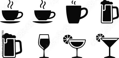 Set of 8 drink icons vector, black and white
