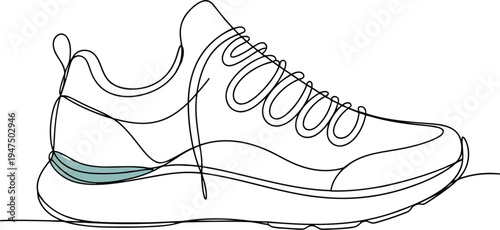 A line drawing of a white sneaker with green accents