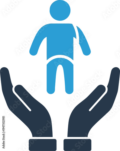 A blue person being supported by two hands