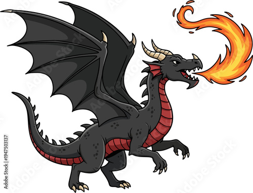 Black Fire Breathing Dragon Cartoon Vector Illustration – Fantasy Mythical Creature
