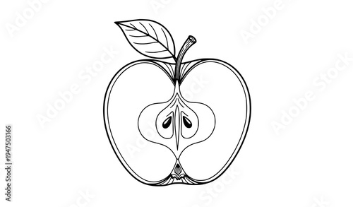 Sliced apple black and white vector colouring page illustration in line art style