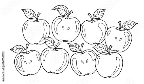Group of apples black and white vector colouring page illustration line art style