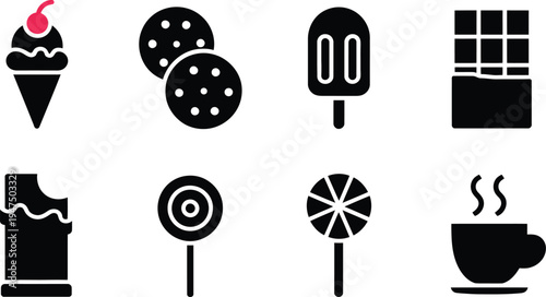 Set of 8 dessert icons vector, black and white